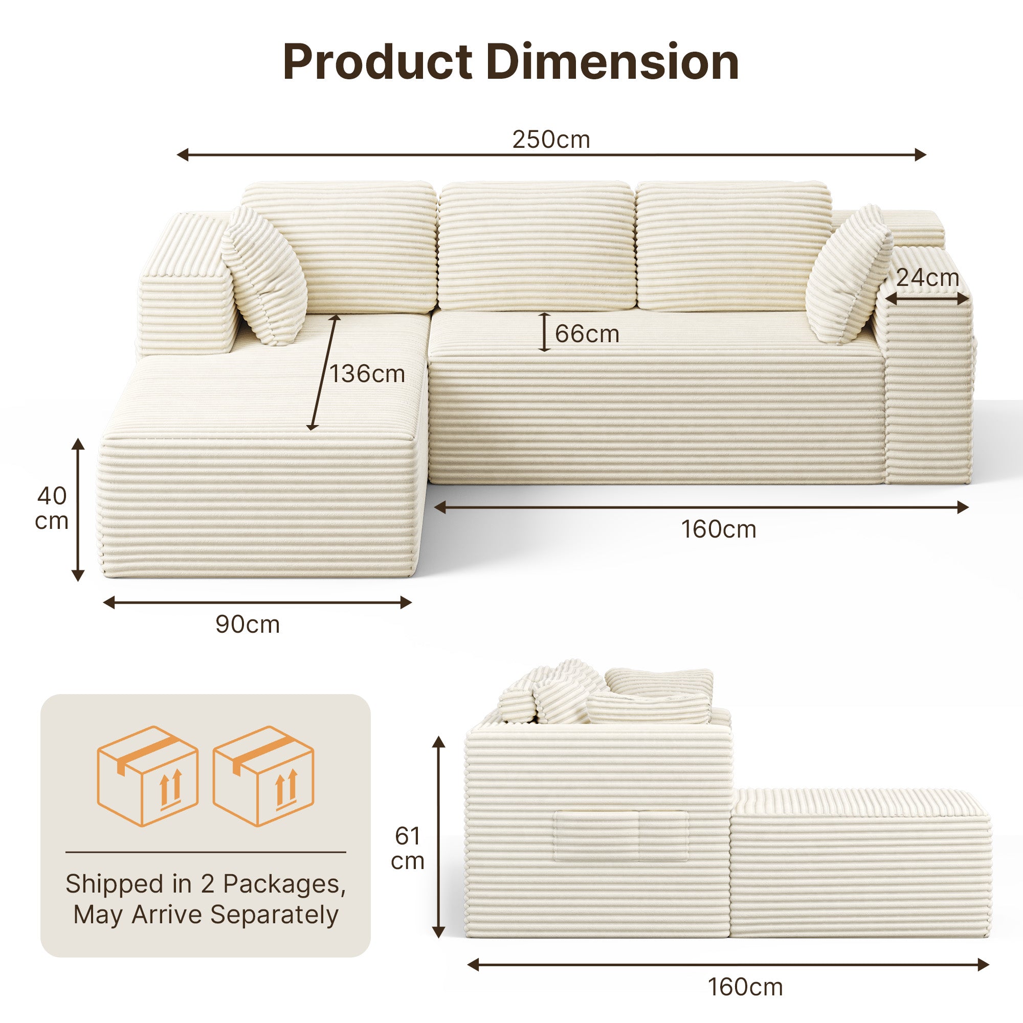Bealife AR35 Ecksofa mit Recamiere, Modulares Sofa Cord-Bezug 4-Sitzer für Wohnzimmer