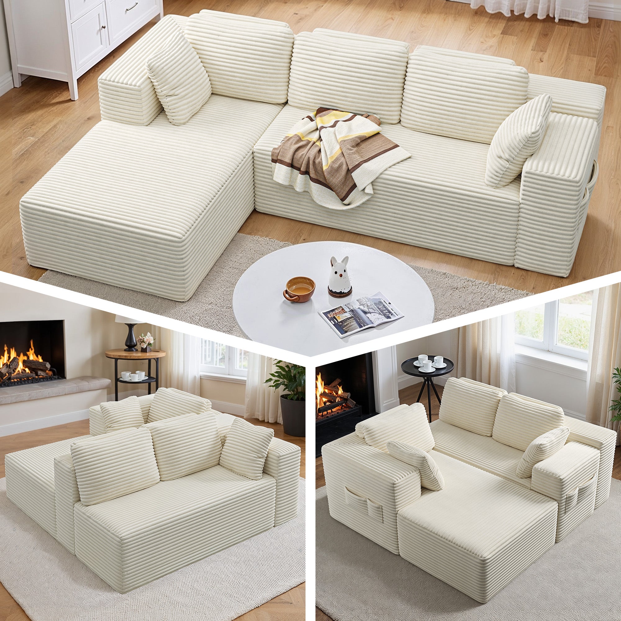 Bealife AR35 Ecksofa mit Recamiere, Modulares Sofa Cord-Bezug 4-Sitzer für Wohnzimmer