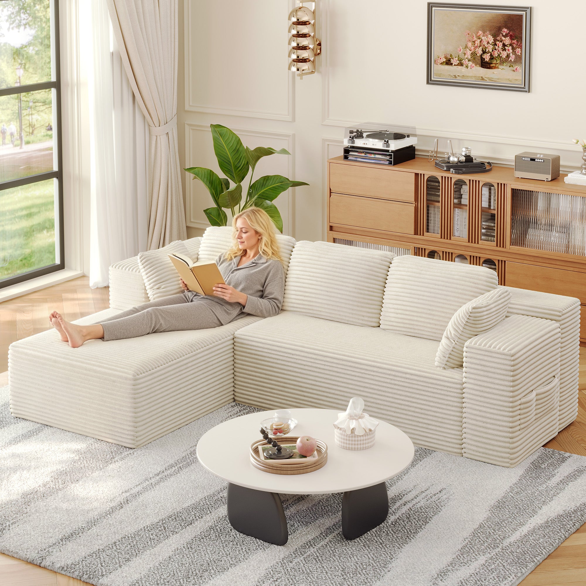 Bealife AR35 Ecksofa mit Recamiere, Modulares Sofa Cord-Bezug 4-Sitzer für Wohnzimmer