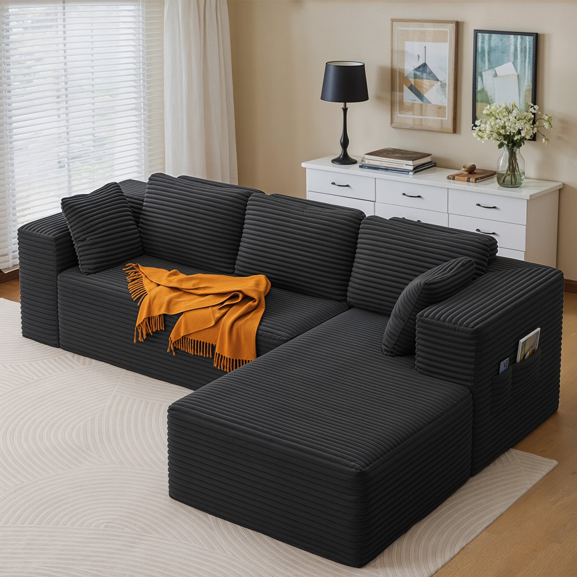 Bealife AR43  Ecksofa mit Recamiere rechts 160×90cm, 4-Sitzer Mordulares Sofa Cord-Bezug