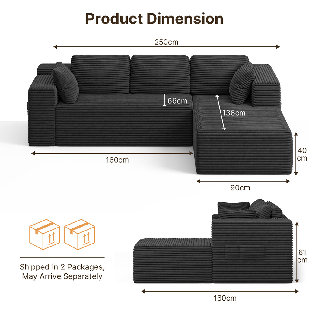 Bealife AR43  Ecksofa mit Recamiere rechts 160×90cm, 4-Sitzer Mordulares Sofa Cord-Bezug