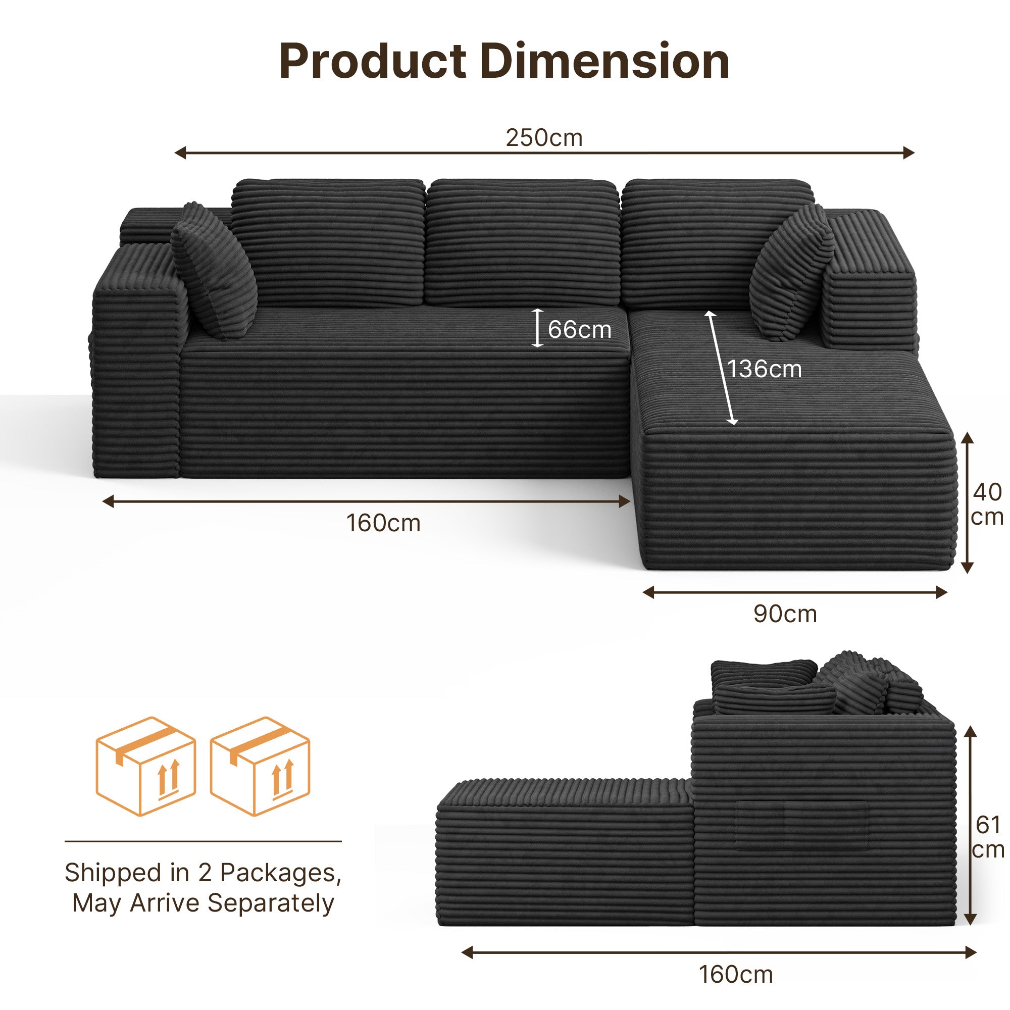 Bealife AR43  Ecksofa mit Recamiere rechts 160×90cm, 4-Sitzer Mordulares Sofa Cord-Bezug