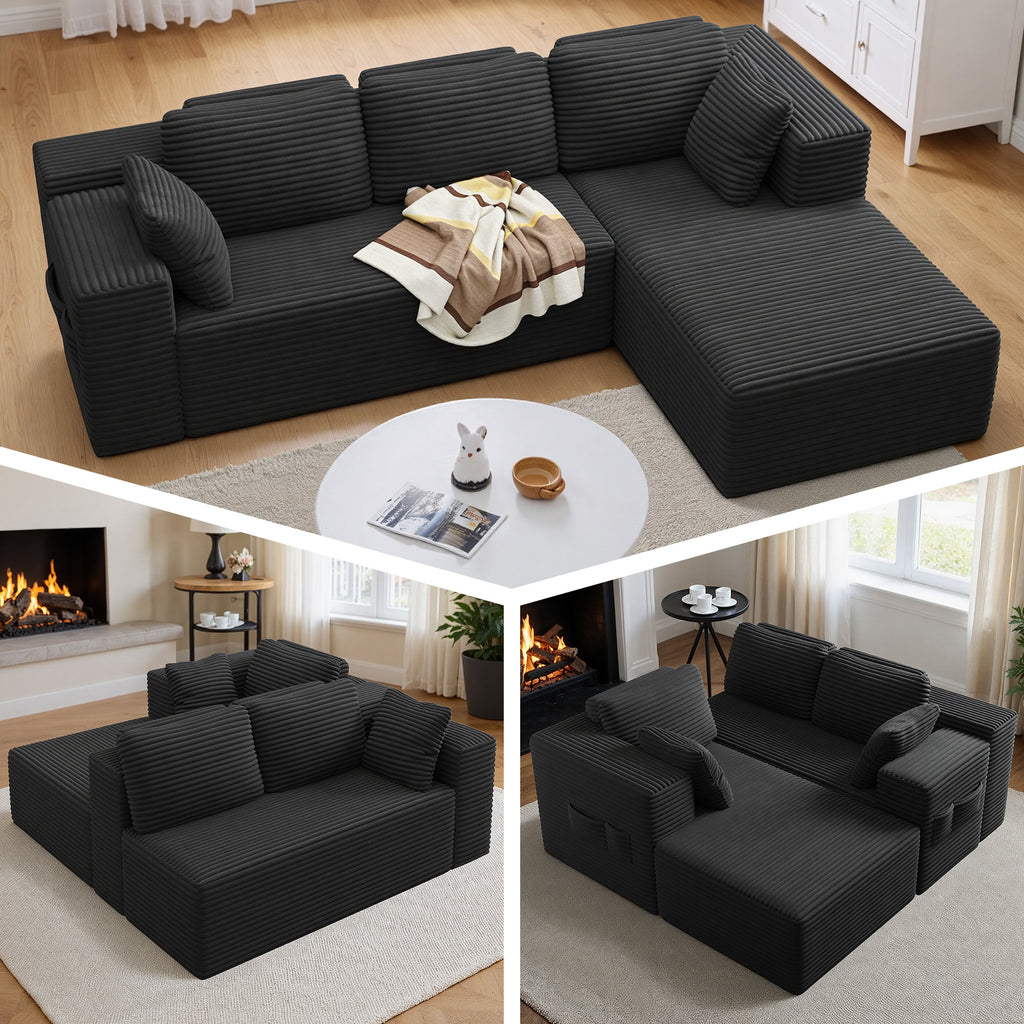 Bealife AR43  Ecksofa mit Recamiere rechts 160×90cm, 4-Sitzer Mordulares Sofa Cord-Bezug
