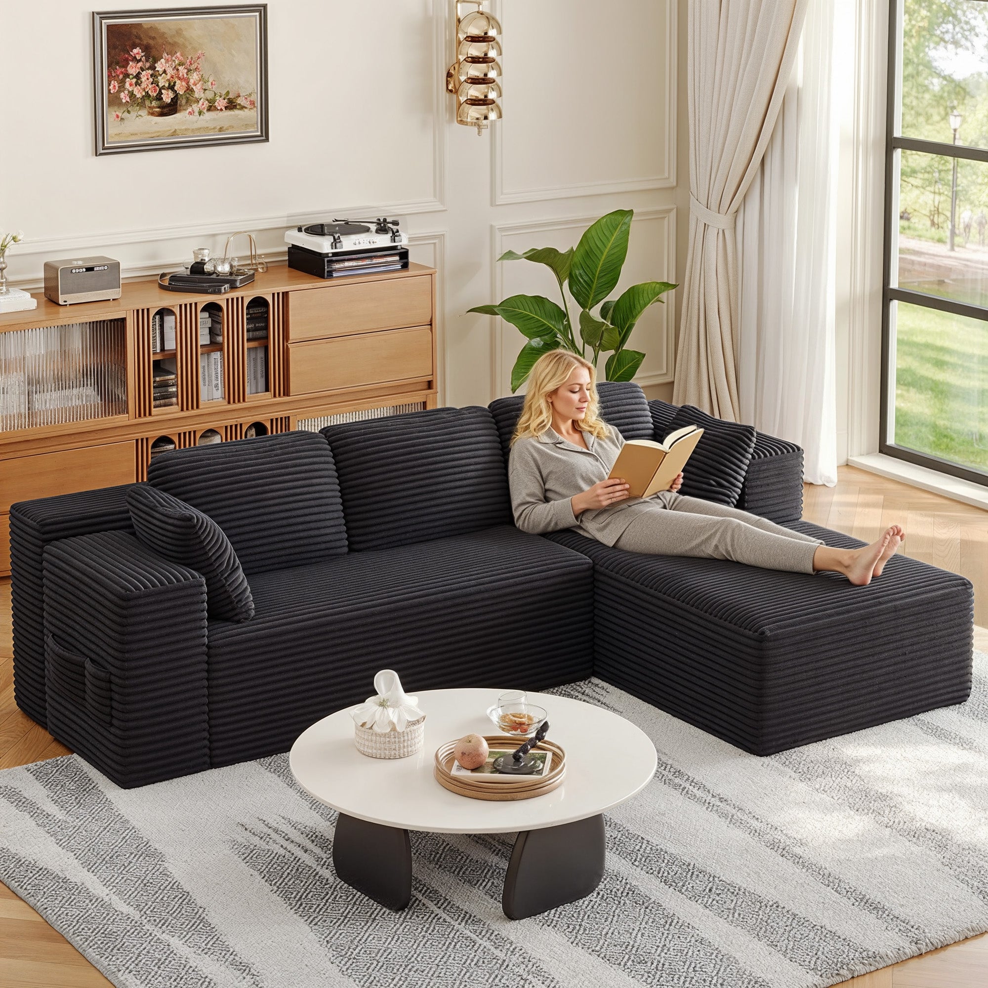 Bealife AR43  Ecksofa mit Recamiere rechts 160×90cm, 4-Sitzer Mordulares Sofa Cord-Bezug