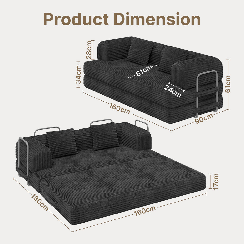 Bealife AR62 Schlafsofa mit Schlaffunktion 160cm Breite, 2-Sitzer Klappsofa Cord-Bezug Für Wohnzimmer & Schlafzimmer