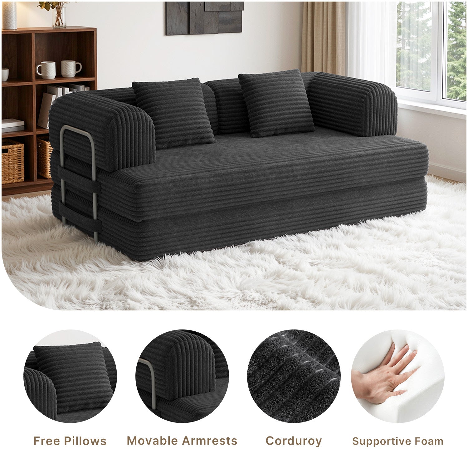 Bealife AR62 Schlafsofa mit Schlaffunktion 160cm Breite, 2-Sitzer Klappsofa Cord-Bezug Für Wohnzimmer & Schlafzimmer