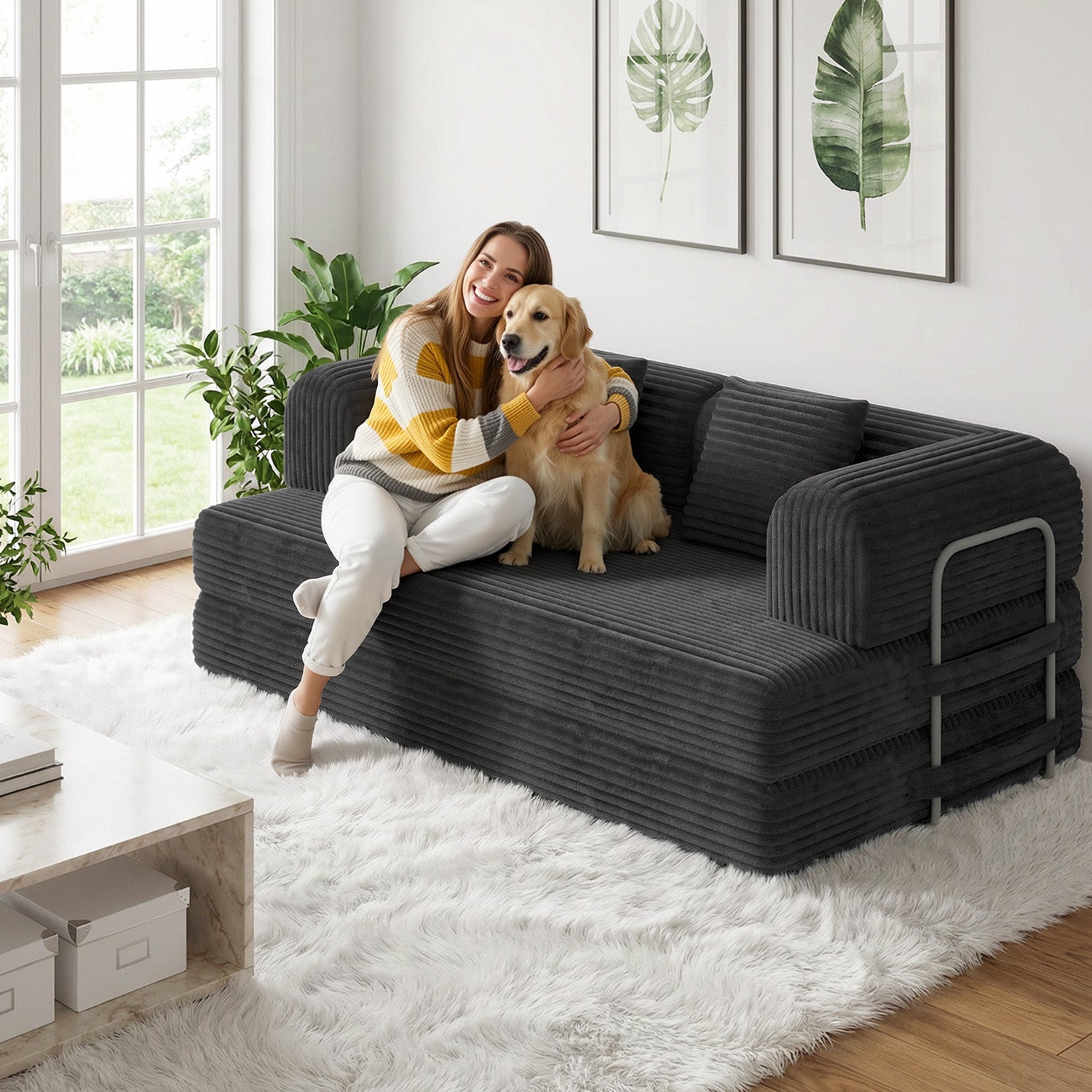 Bealife AR62 Schlafsofa mit Schlaffunktion 160cm Breite, 2-Sitzer Klappsofa Cord-Bezug Für Wohnzimmer & Schlafzimmer