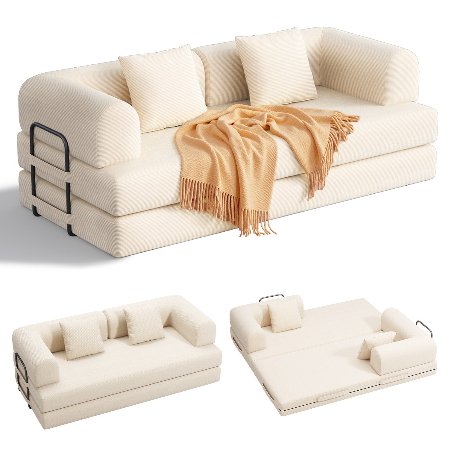 Bealife AR62 Schlafsofa mit Schlaffunktion 200cm Breite, 3-Sitzer Cord Sofa Für Wohnzimmer
