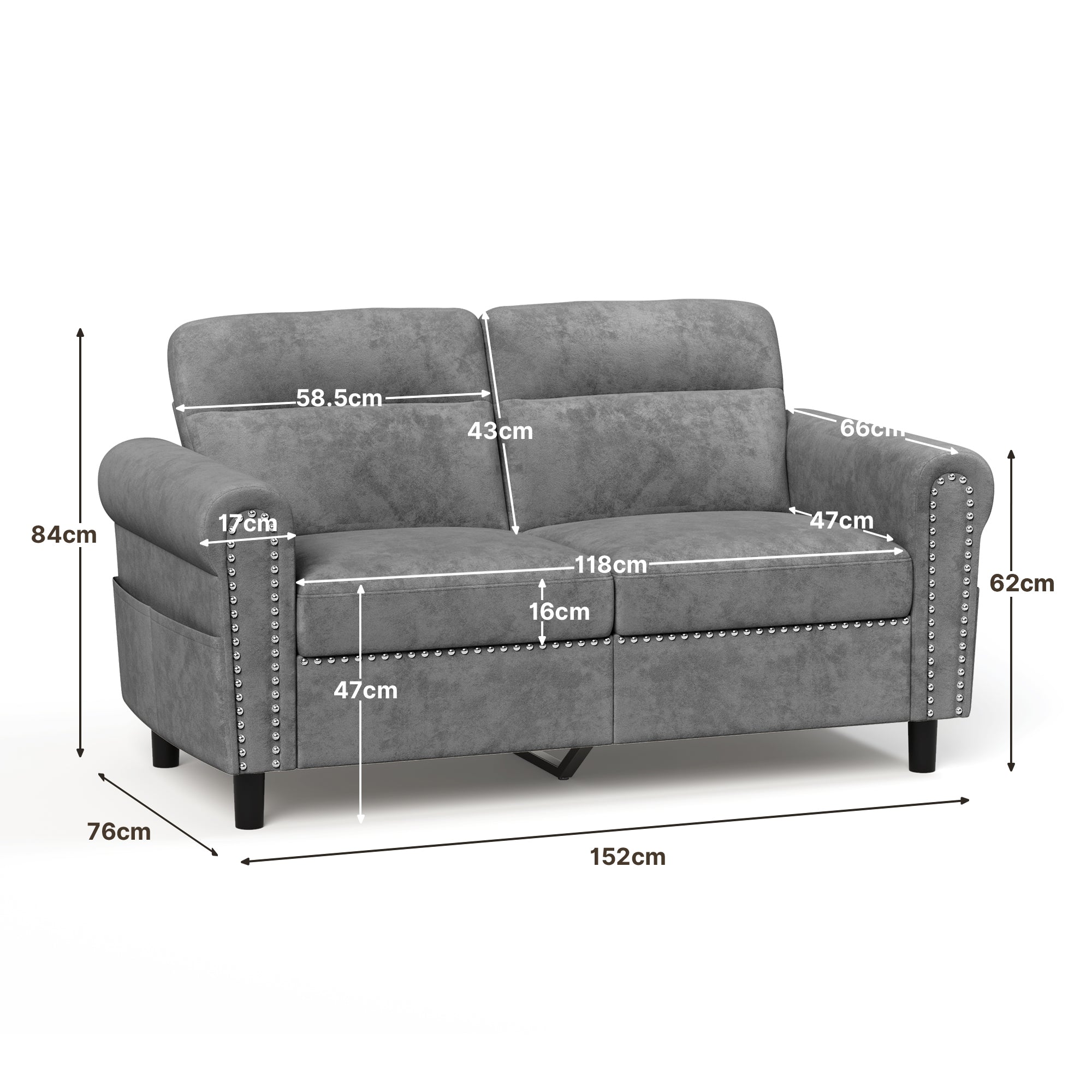 Bealife AR72 2-Sitzer Sofa mit Stauraum, Kompaktes Wildledersofa mit Seitenfach