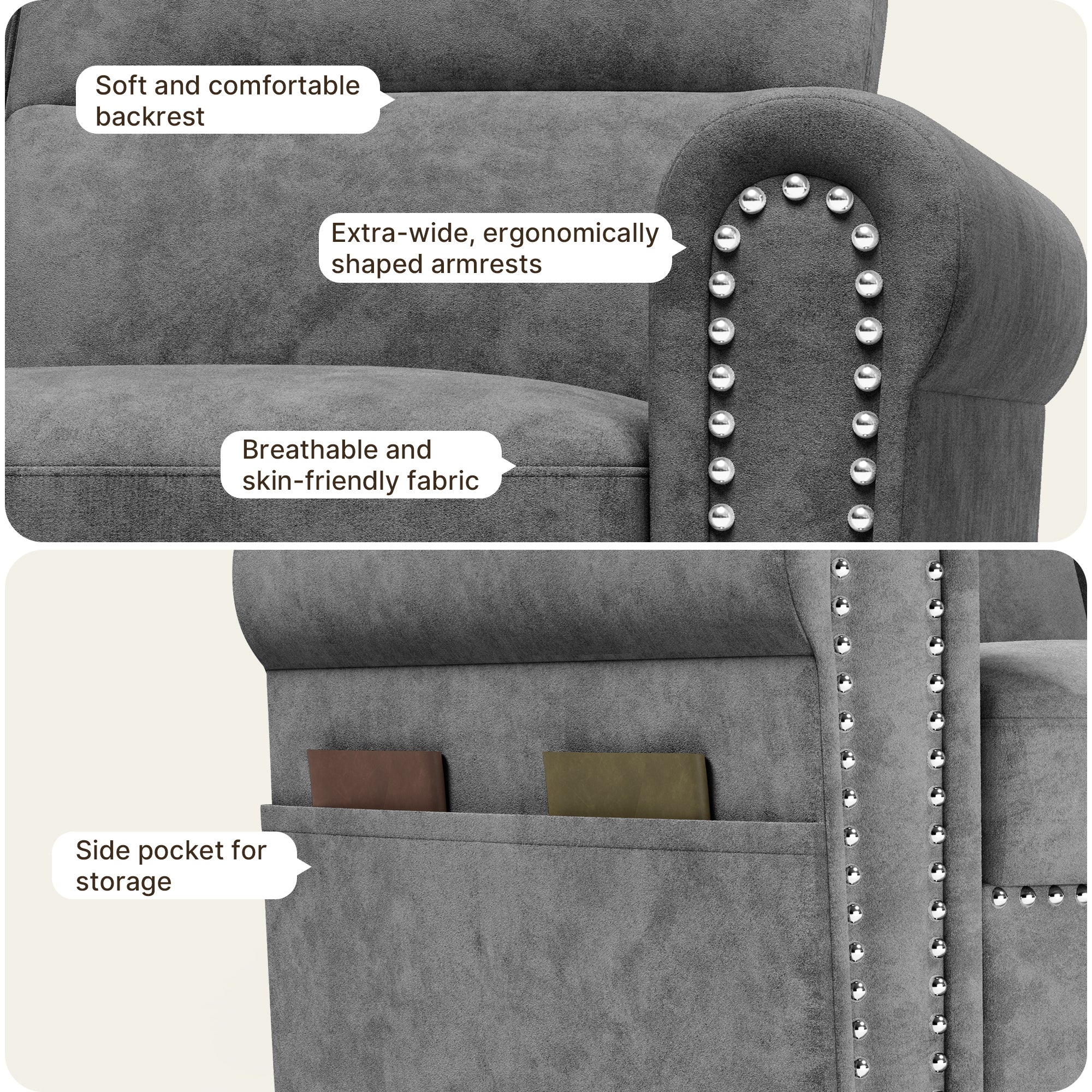 Bealife AR72 2-Sitzer Sofa mit Stauraum, Kompaktes Wildledersofa mit Seitenfach