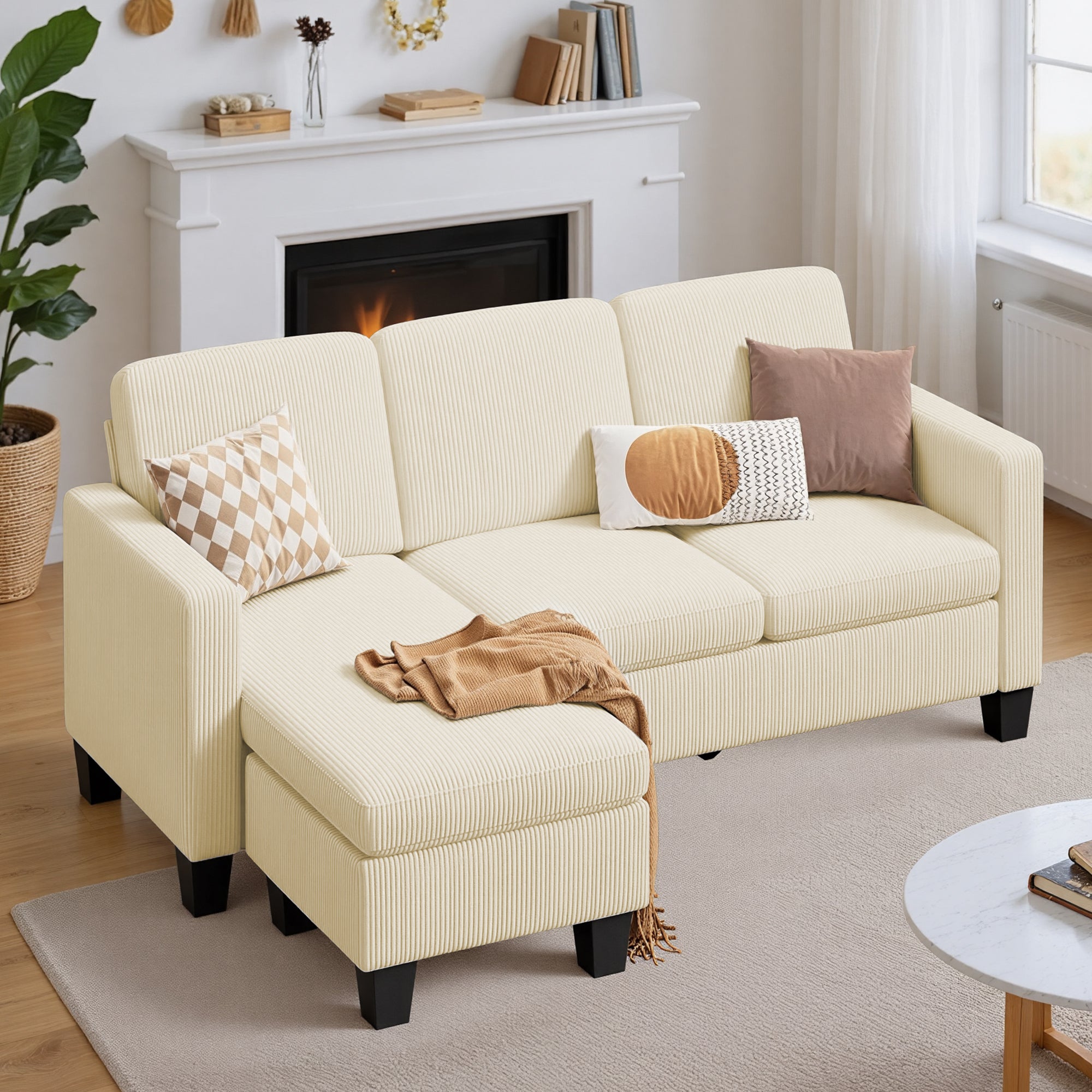 Bealife AR93 Ecksofa mit Recamiere, 4-Sitzer Cord Sofas in L-Form für kleine Wohnzimmer sowie offene Wohnbereiche