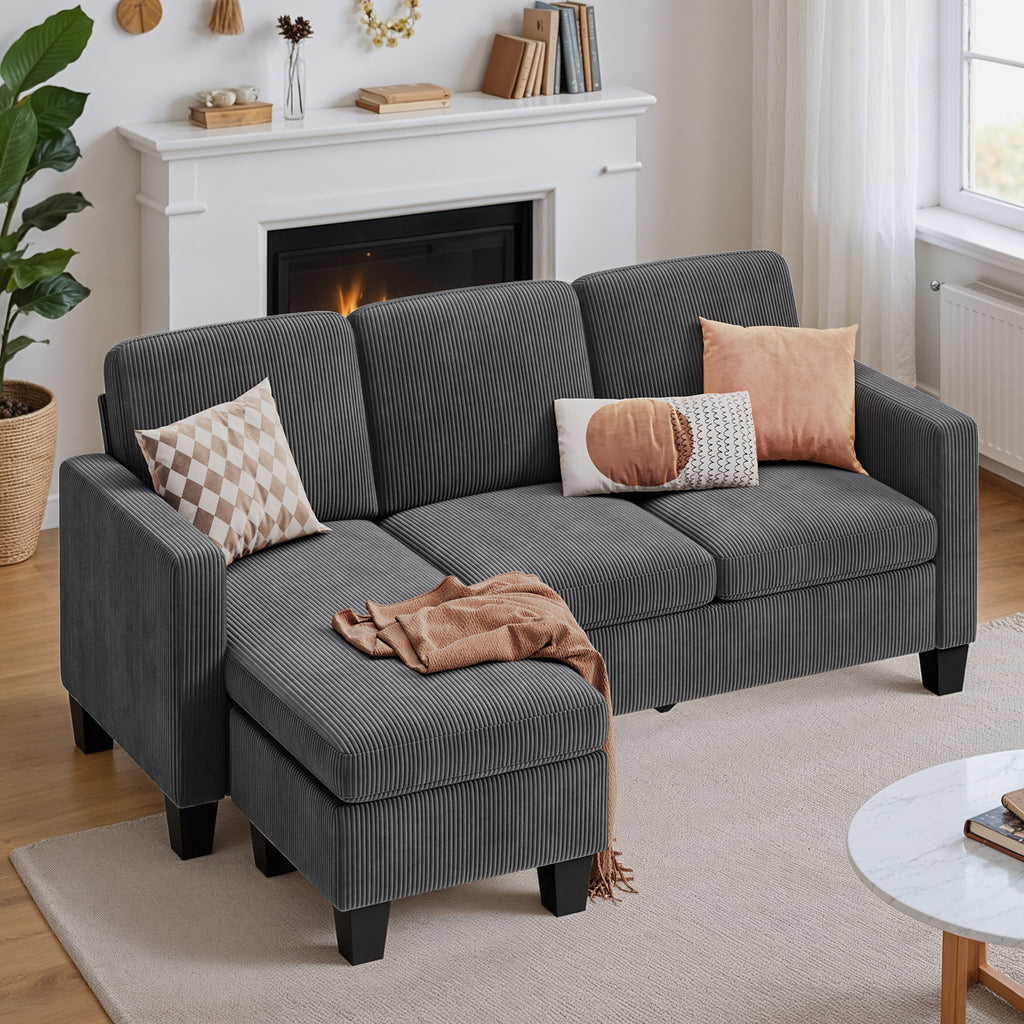 Bealife AR93 Ecksofa mit Recamiere, 4-Sitzer Cord Sofas in L-Form für kleine Wohnzimmer sowie offene Wohnbereiche