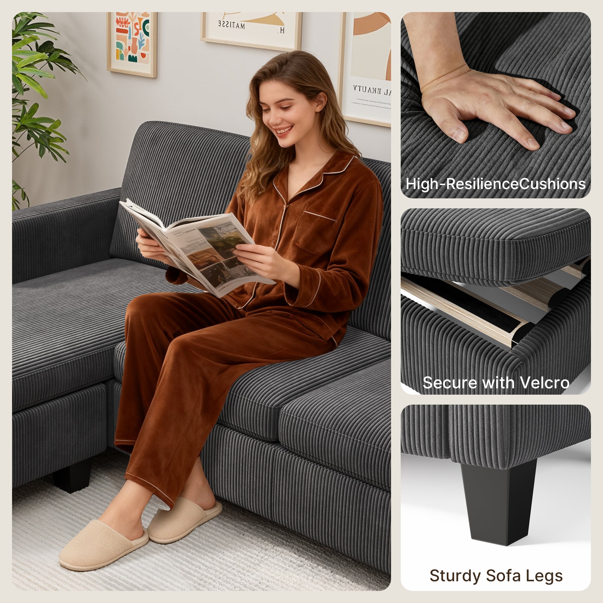 Bealife AR93 Ecksofa mit Recamiere, 4-Sitzer Cord Sofas in L-Form für kleine Wohnzimmer sowie offene Wohnbereiche