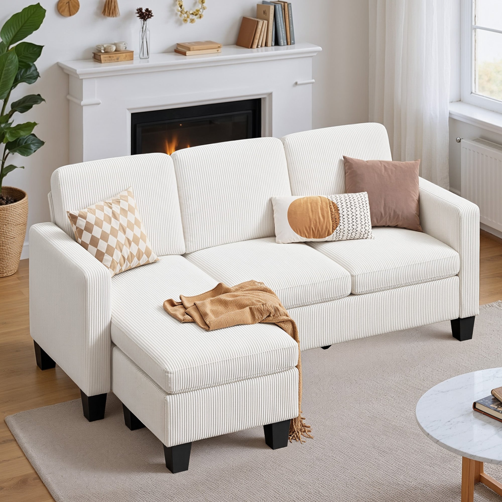 Bealife AR93 Ecksofa mit Recamiere, 4-Sitzer Cord Sofas in L-Form für kleine Wohnzimmer sowie offene Wohnbereiche