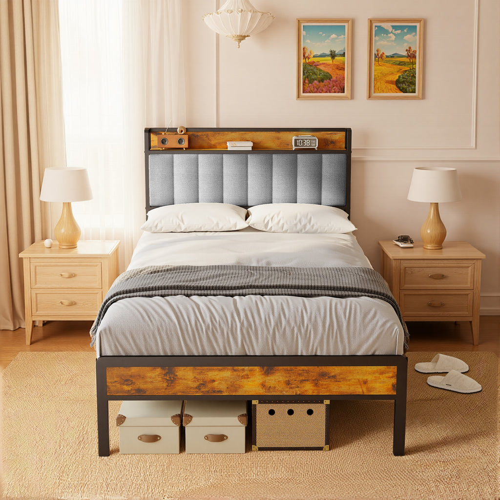 Bealife BF25 Einzelbett mit verstaubarem Kopfteil, Standard-Plattform-Bettgestel Metall-Bettgestell | 220 x 120 x111 cm