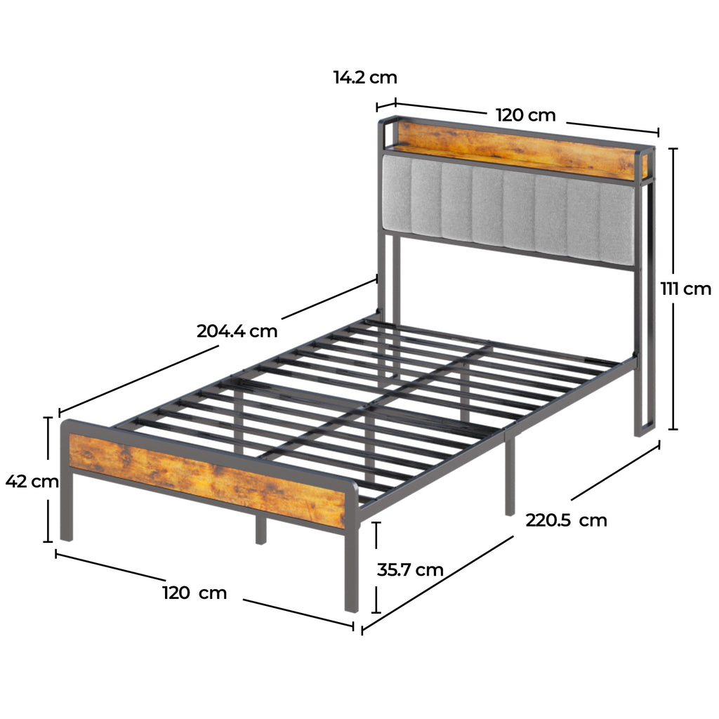 Bealife BF25 Einzelbett mit verstaubarem Kopfteil, Standard-Plattform-Bettgestel Metall-Bettgestell | 220 x 120 x111 cm