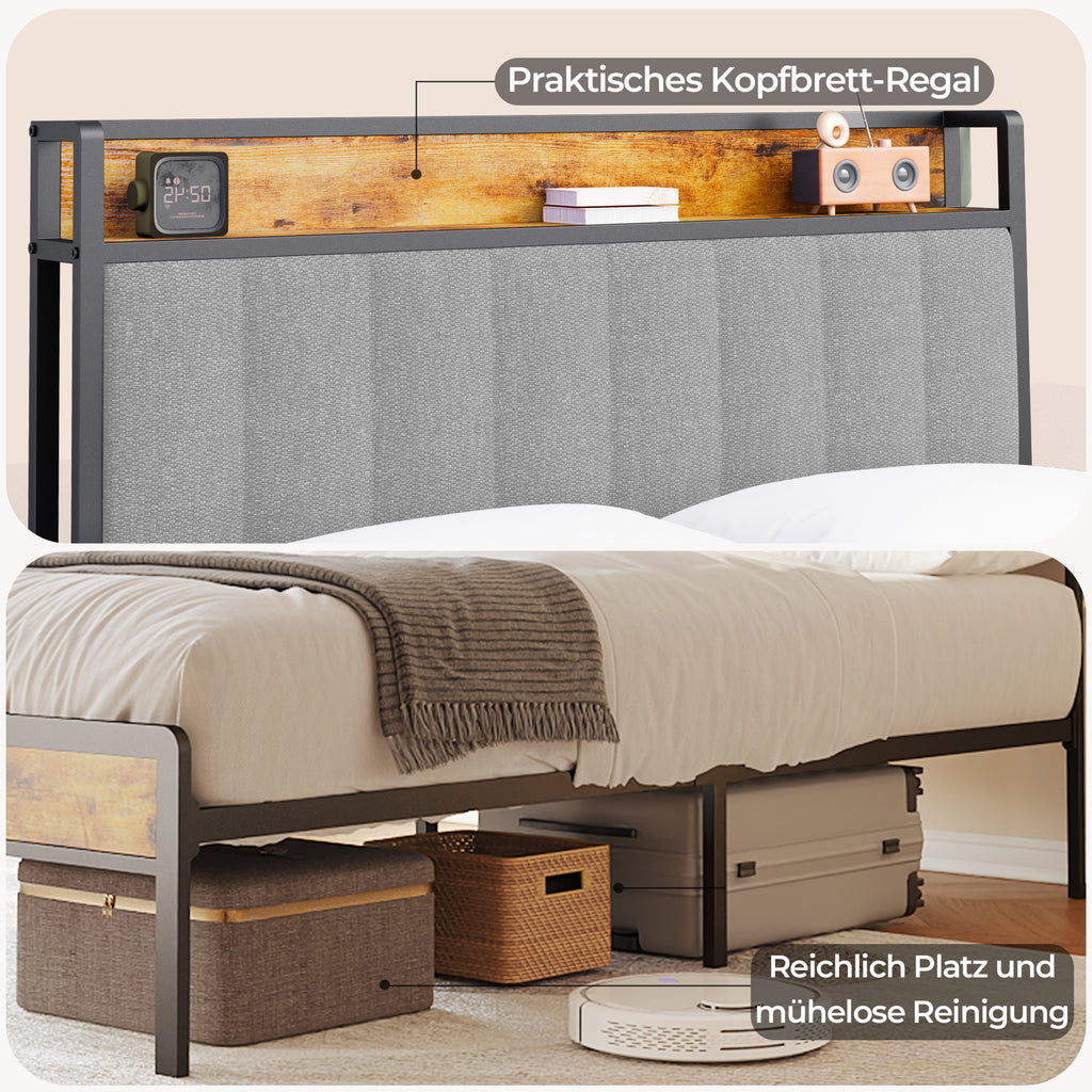 Bealife BF25 Einzelbett mit verstaubarem Kopfteil, Standard-Plattform-Bettgestel Metall-Bettgestell | 220 x 120 x111 cm