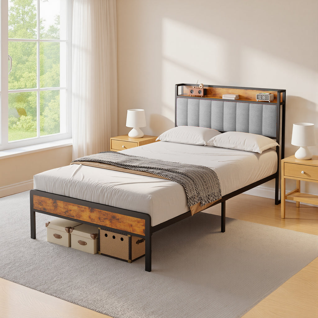 Bealife BF25 Einzelbett mit verstaubarem Kopfteil, Standard-Plattform-Bettgestel Metall-Bettgestell | 220 x 120 x111 cm