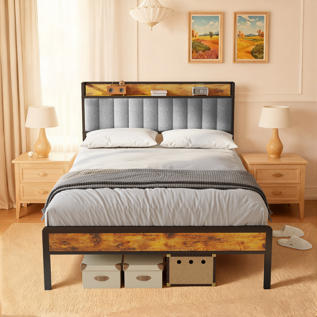 Bealife BF26 Doppelbetten mit verstaubarem Kopfteil, Standard-Plattform-Bettgestell Metall-Bettgestell | 220 x 140 x111cm