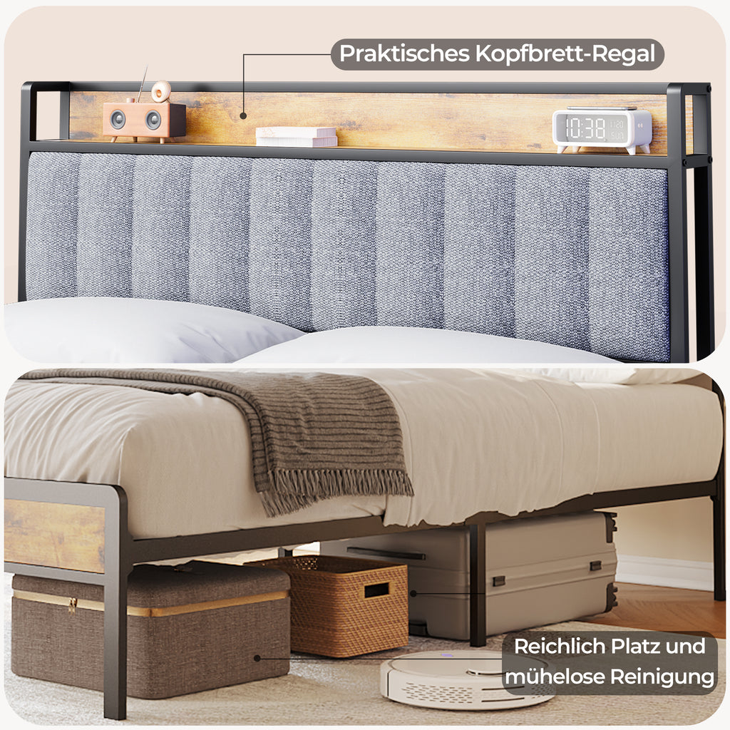 Bealife BF26 Doppelbetten mit verstaubarem Kopfteil, Standard-Plattform-Bettgestell Metall-Bettgestell | 220 x 140 x111cm