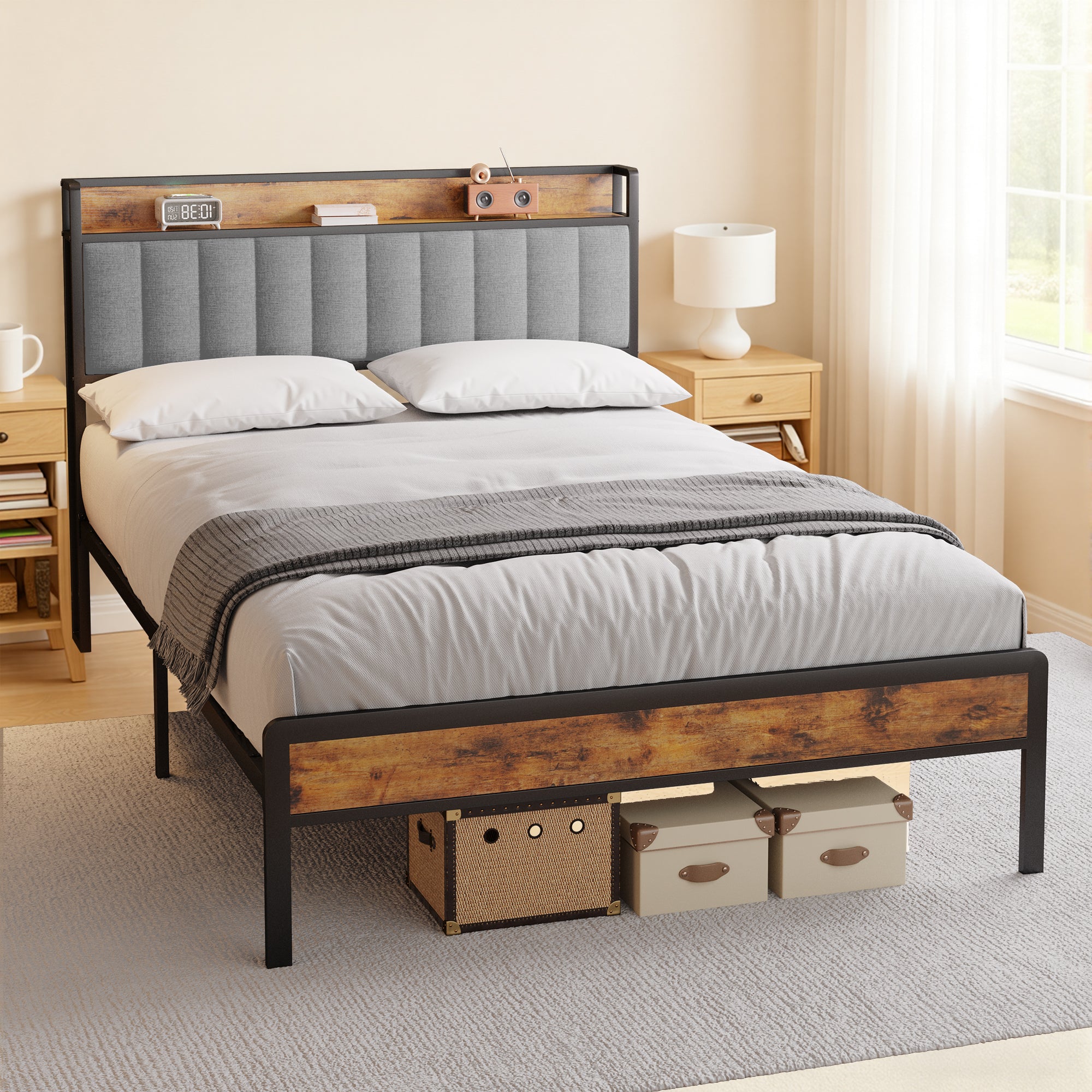 Bealife BF26 Doppelbetten mit verstaubarem Kopfteil, Standard-Plattform-Bettgestell Metall-Bettgestell | 220 x 140 x111cm