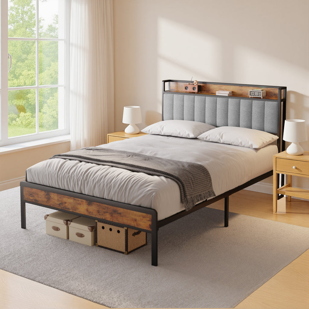 Bealife BF26 Doppelbetten mit verstaubarem Kopfteil, Standard-Plattform-Bettgestell Metall-Bettgestell | 220 x 140 x111cm