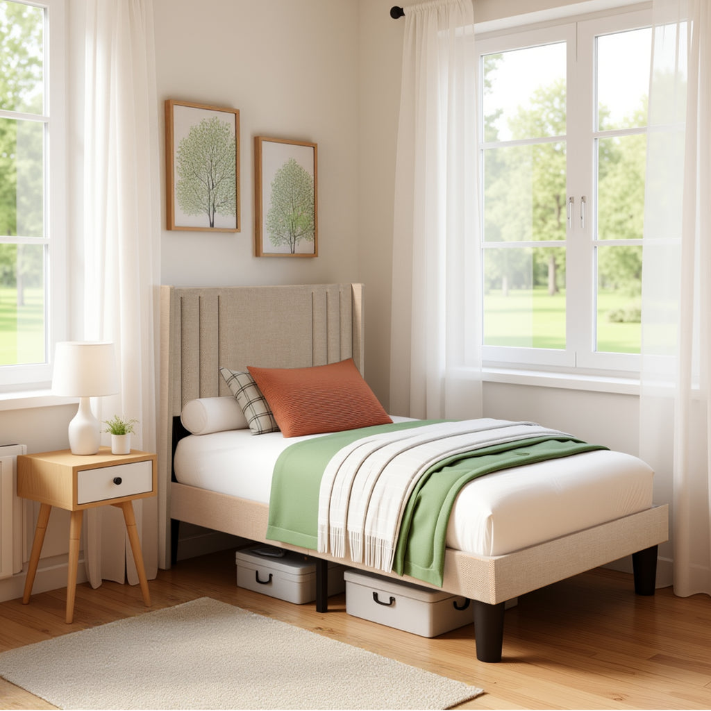 Bealife BF44 Upholstered Einzelbett, Einzelbettrahmen mit Wingback-Kopfteil | 208 x 94 x 122cm