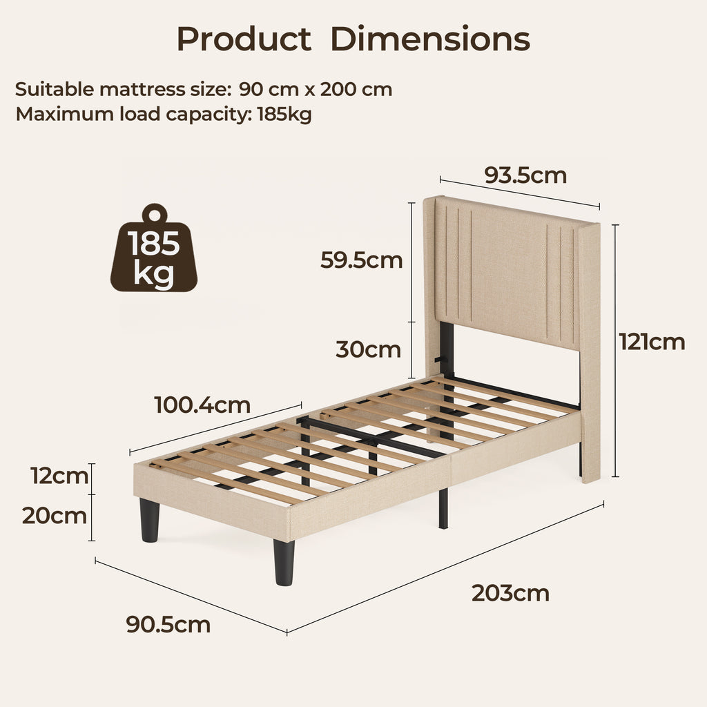 Bealife BF44 Upholstered Einzelbett, Einzelbettrahmen mit Wingback-Kopfteil | 208 x 94 x 122cm