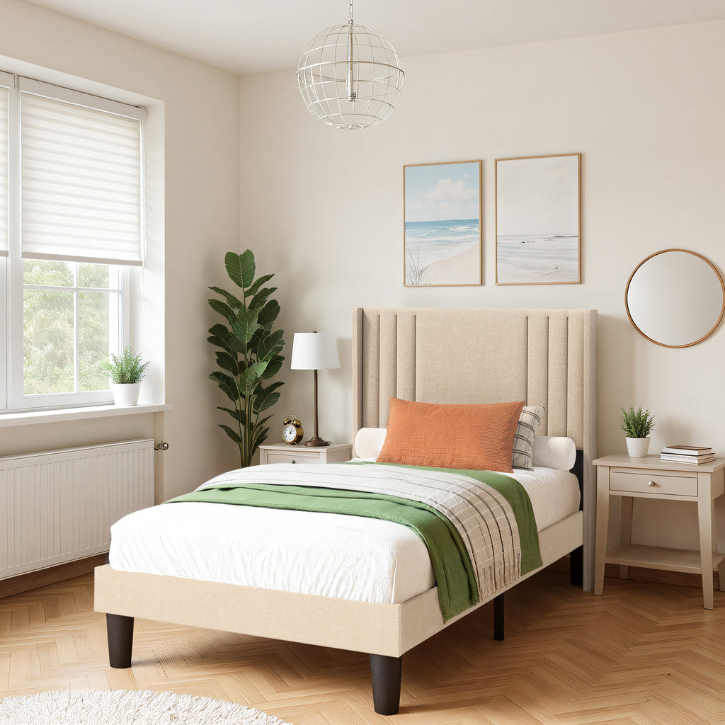 Bealife BF44 Upholstered Einzelbett, Einzelbettrahmen mit Wingback-Kopfteil | 208 x 94 x 122cm