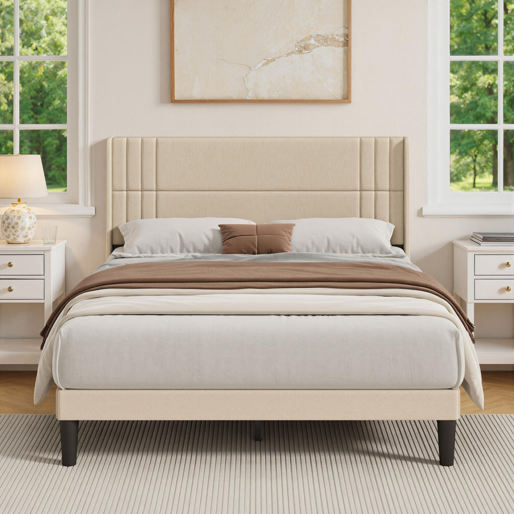 Bealife BF45 Geräuscharmes Doppelbett mit Polsterbett,  Lattenrost & Leinen-Kopfteil