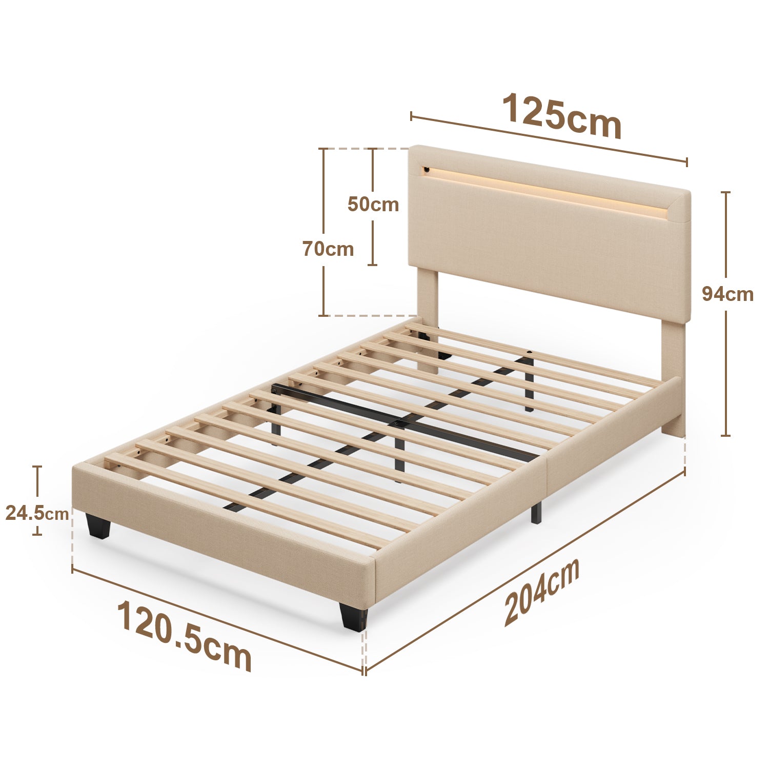 Bealife BF27 Gepolstertes Einzelbett 120x200 cm, Metallbettgestell mit LED-Beleuchtung am Kopfteil