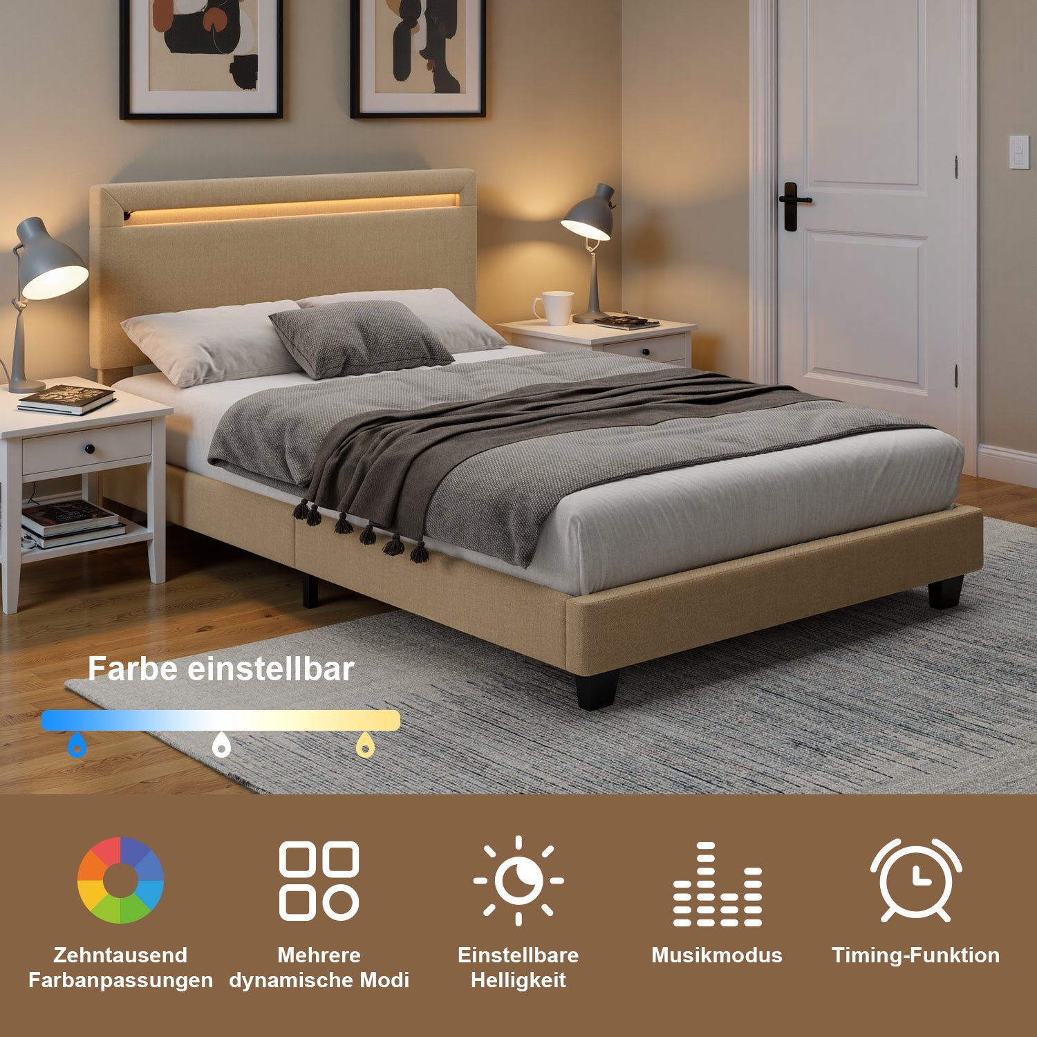 Bealife BF27 Gepolstertes Einzelbett 120x200 cm, Metallbettgestell mit LED-Beleuchtung am Kopfteil
