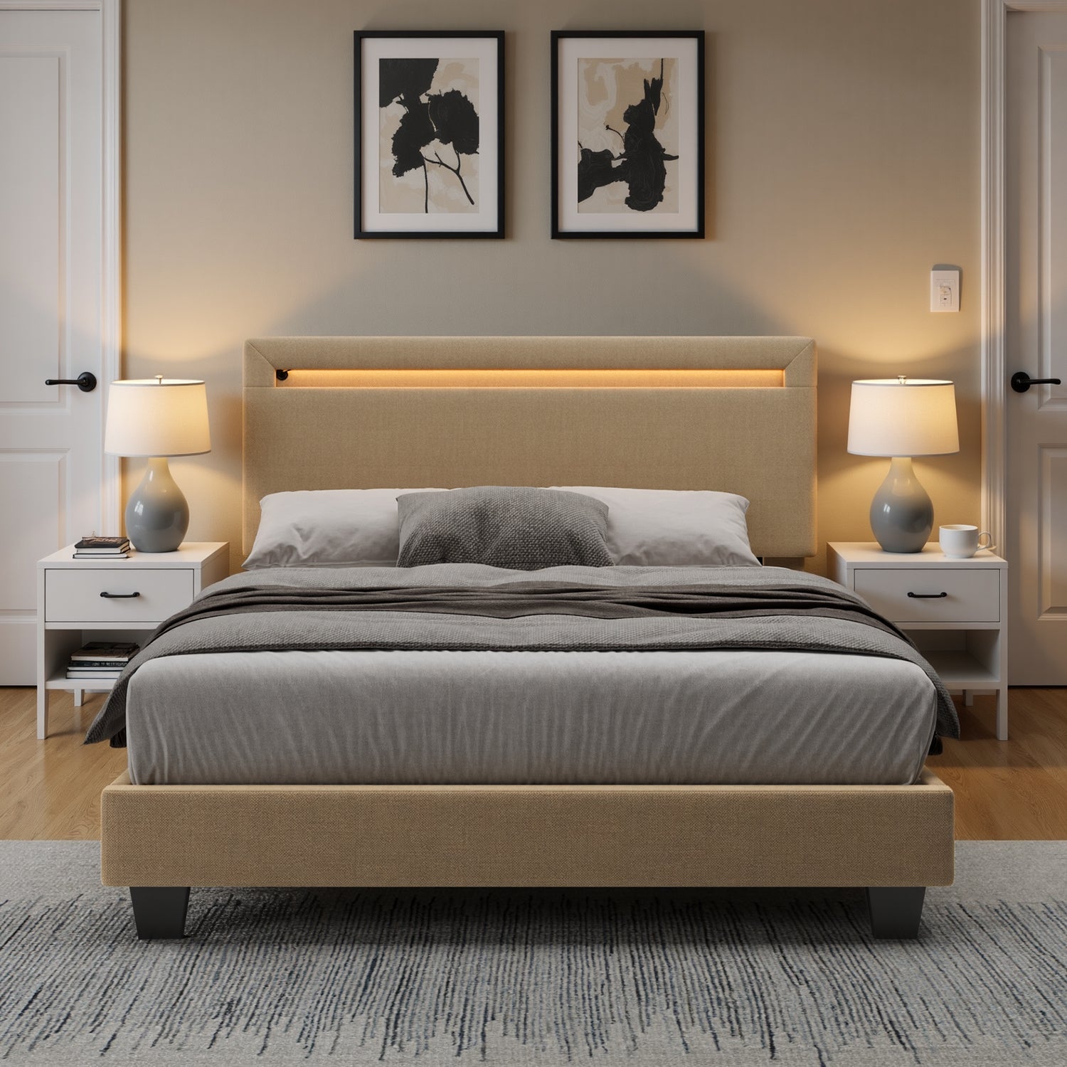 Bealife BF27 Gepolstertes Einzelbett 120x200 cm, Metallbettgestell mit LED-Beleuchtung am Kopfteil