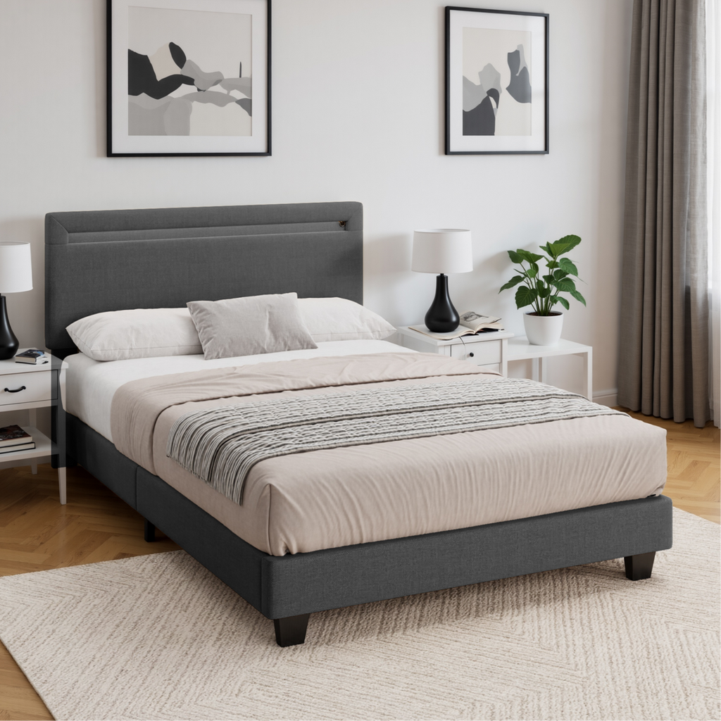Bealife BF27 Gepolstertes Einzelbett 120x200 cm, Metallbettgestell mit LED-Beleuchtung am Kopfteil