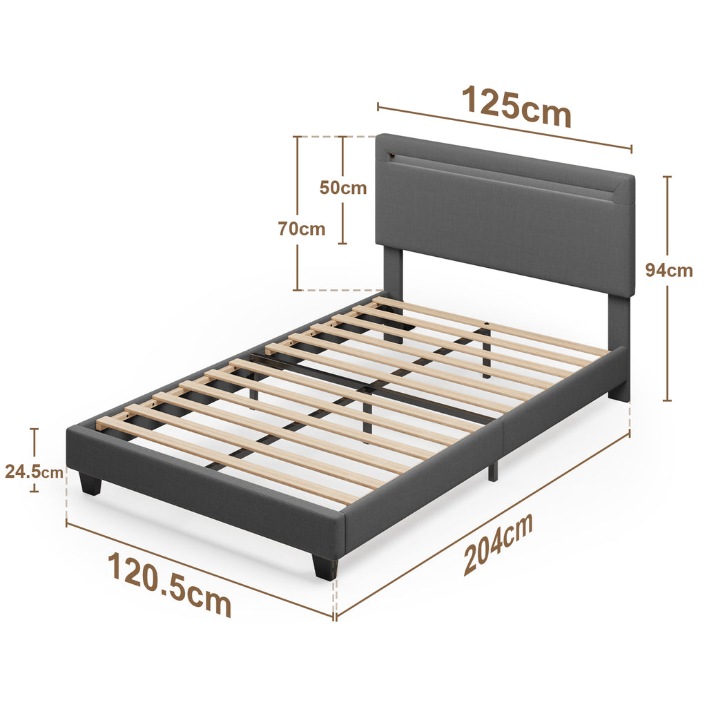 Bealife BF27 Gepolstertes Einzelbett 120x200 cm, Metallbettgestell mit LED-Beleuchtung am Kopfteil
