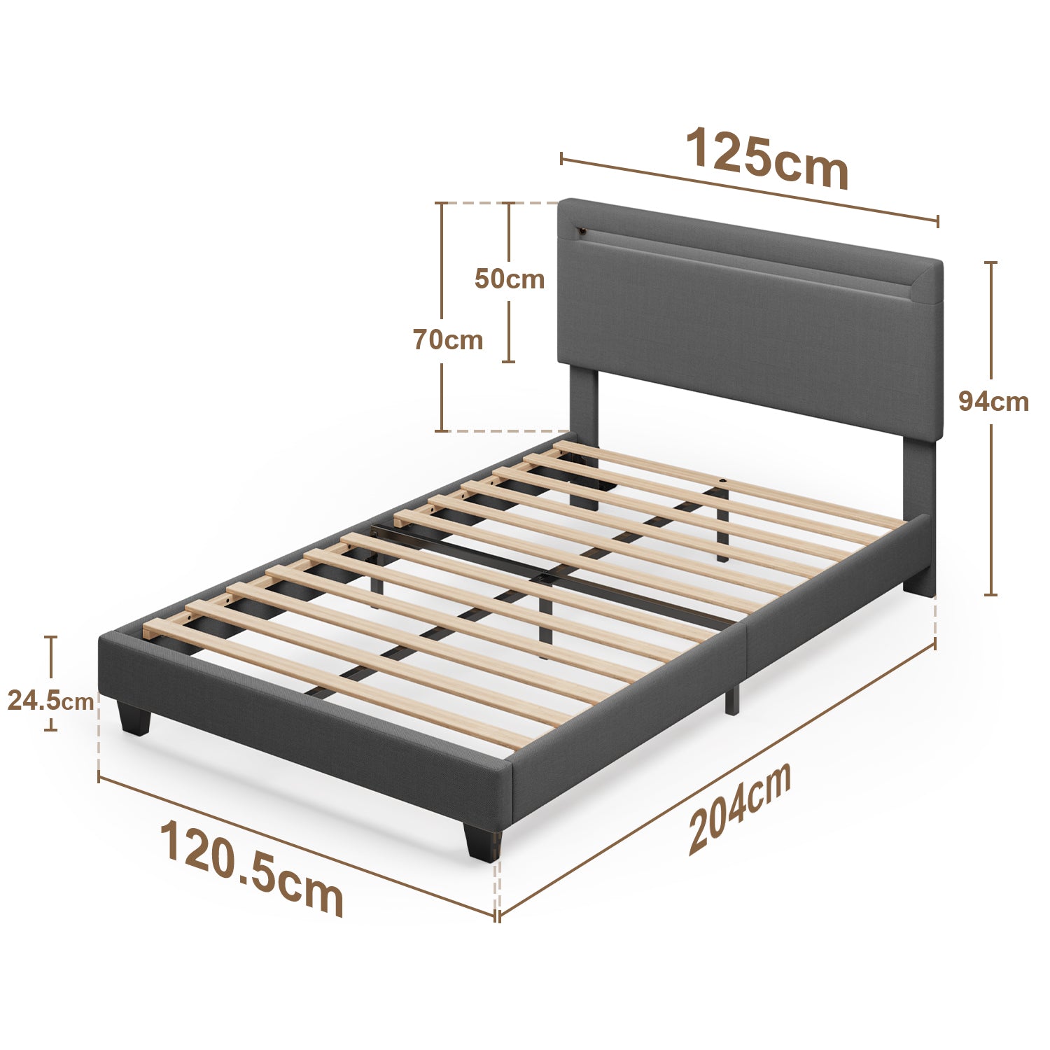 Bealife BF27 Gepolstertes Einzelbett 120x200 cm, Metallbettgestell mit LED-Beleuchtung am Kopfteil