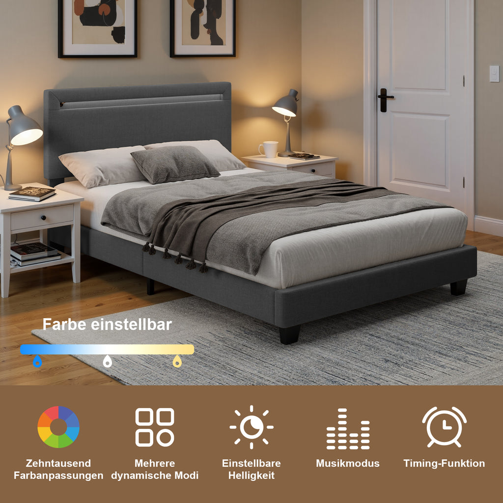 Bealife BF27 Gepolstertes Einzelbett 120x200 cm, Metallbettgestell mit LED-Beleuchtung am Kopfteil