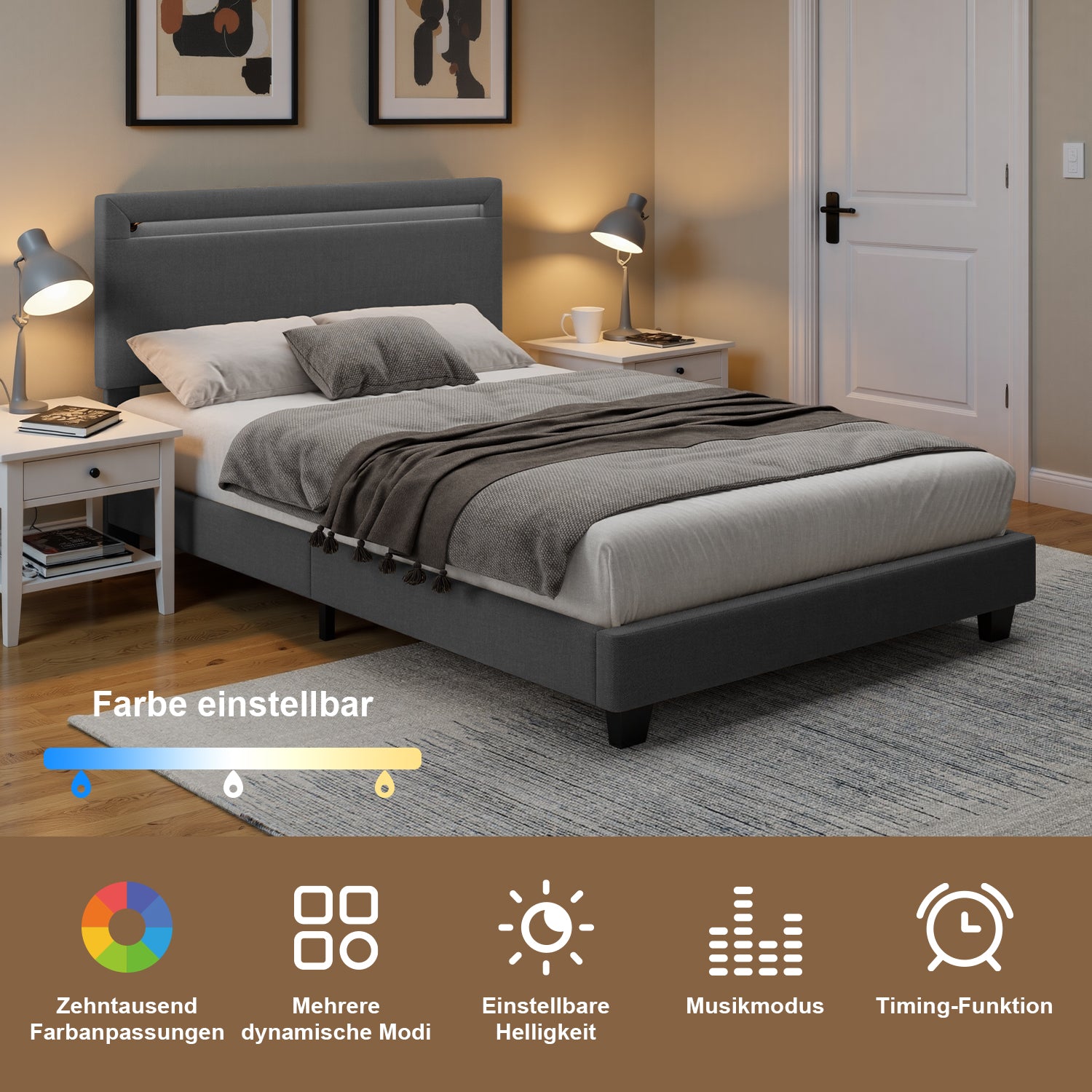 Bealife BF27 Gepolstertes Einzelbett 120x200 cm, Metallbettgestell mit LED-Beleuchtung am Kopfteil