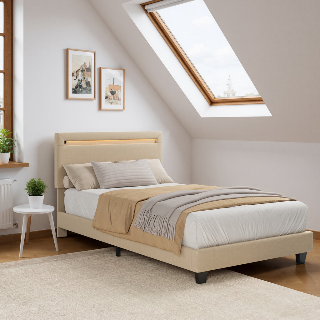 Bealife BF27 Gepolstertes Einzelbett 90x200 cm, Metallbettgestell mit LED-Beleuchtung am Kopfteil