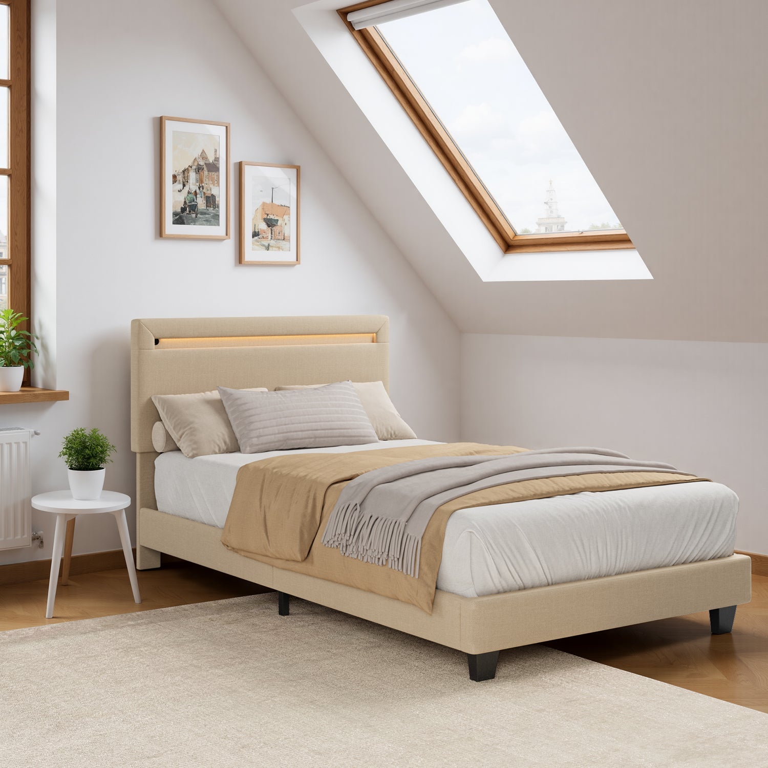 Bealife BF27 Gepolstertes Einzelbett 90x200 cm, Metallbettgestell mit LED-Beleuchtung am Kopfteil
