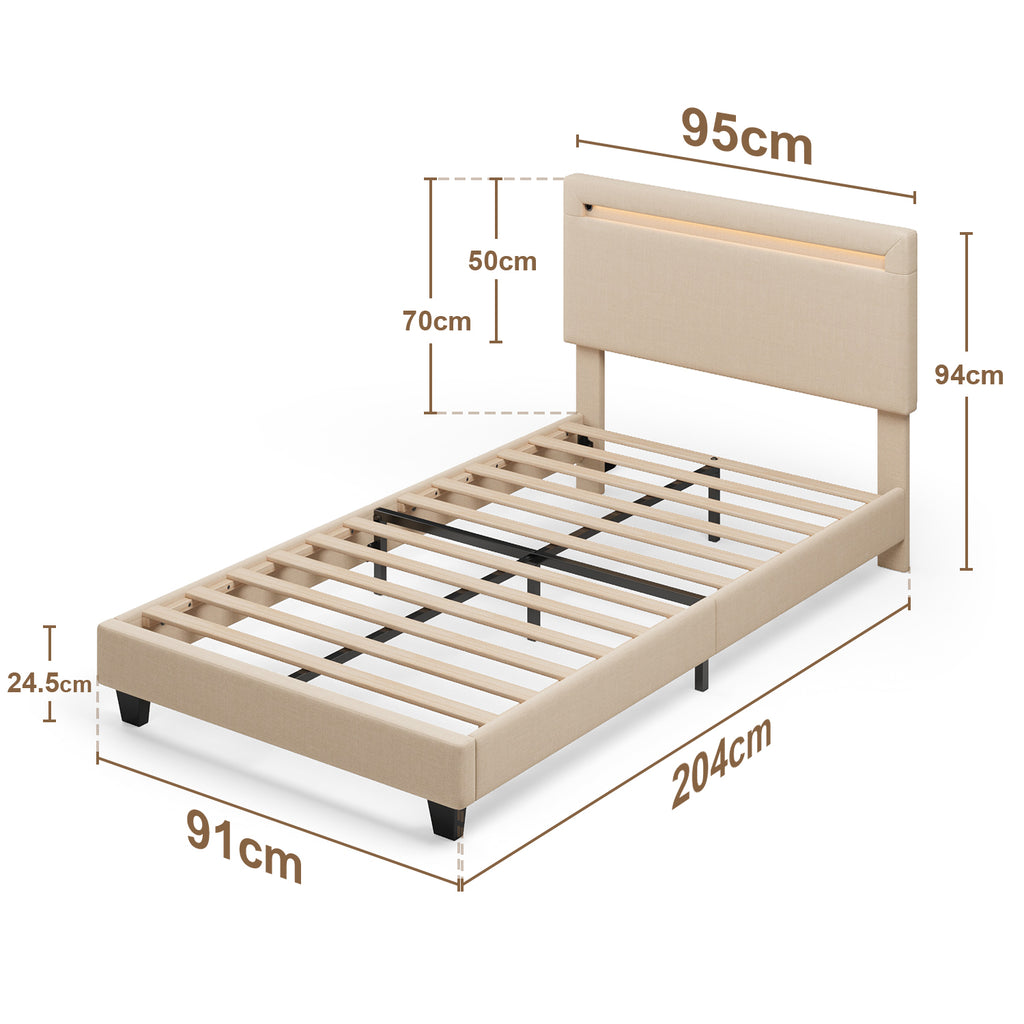 Bealife BF27 Gepolstertes Einzelbett 90x200 cm, Metallbettgestell mit LED-Beleuchtung am Kopfteil