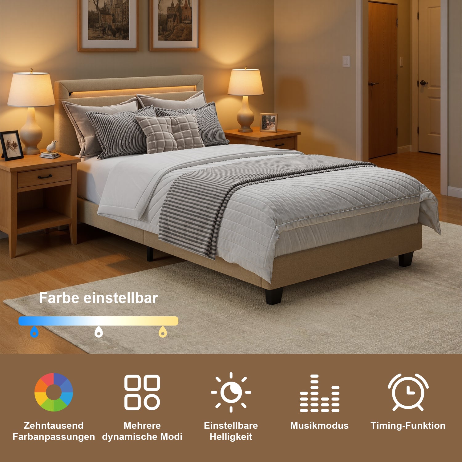 Bealife BF27 Gepolstertes Einzelbett 90x200 cm, Metallbettgestell mit LED-Beleuchtung am Kopfteil