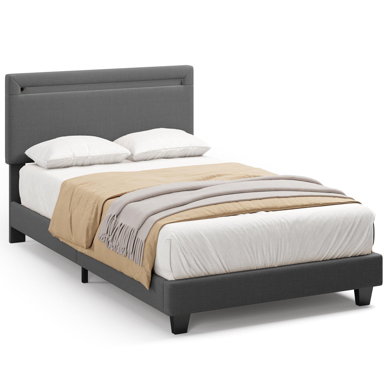 Bealife BF27 Gepolstertes Einzelbett 90x200 cm, Metallbettgestell mit LED-Beleuchtung am Kopfteil