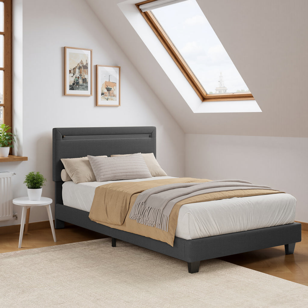 Bealife BF27 Gepolstertes Einzelbett 90x200 cm, Metallbettgestell mit LED-Beleuchtung am Kopfteil