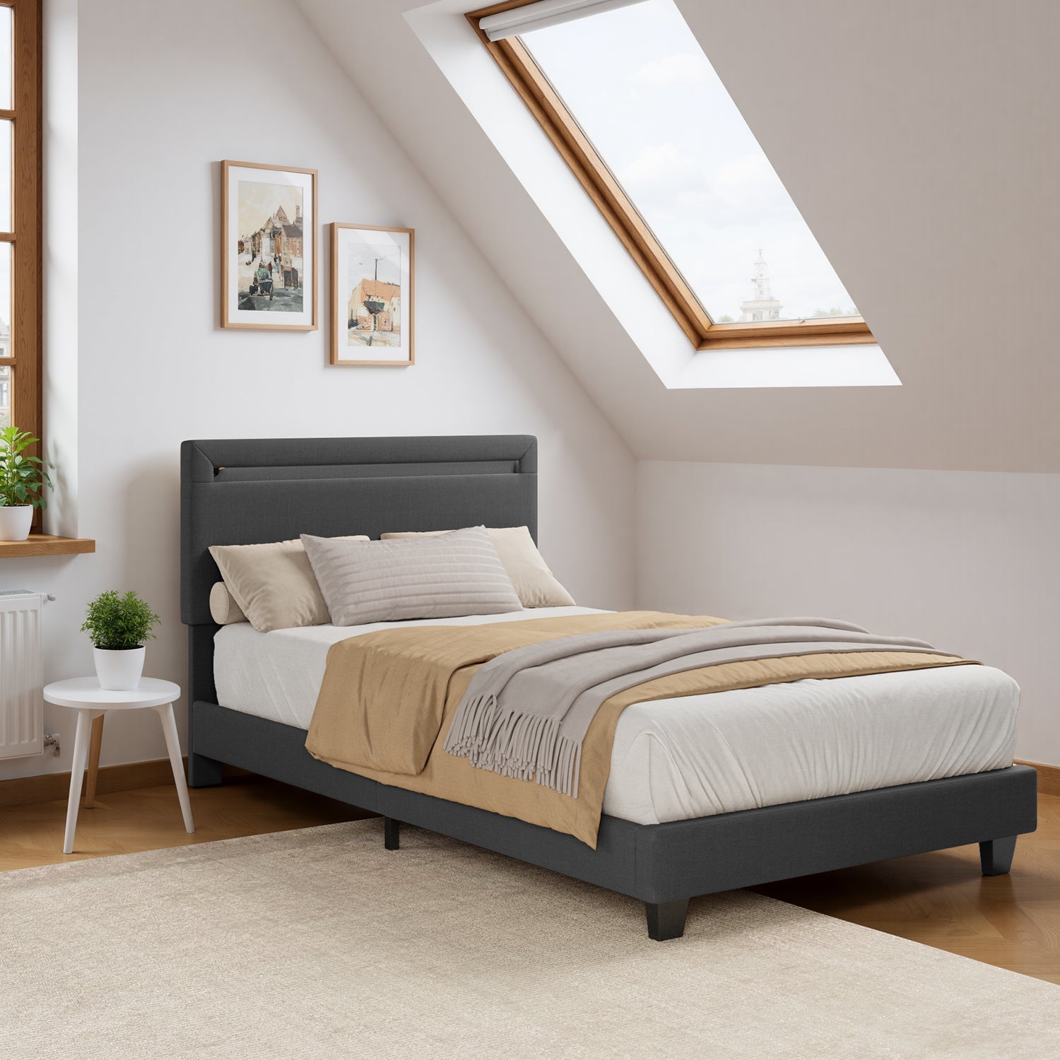 Bealife BF27 Gepolstertes Einzelbett 90x200 cm, Metallbettgestell mit LED-Beleuchtung am Kopfteil