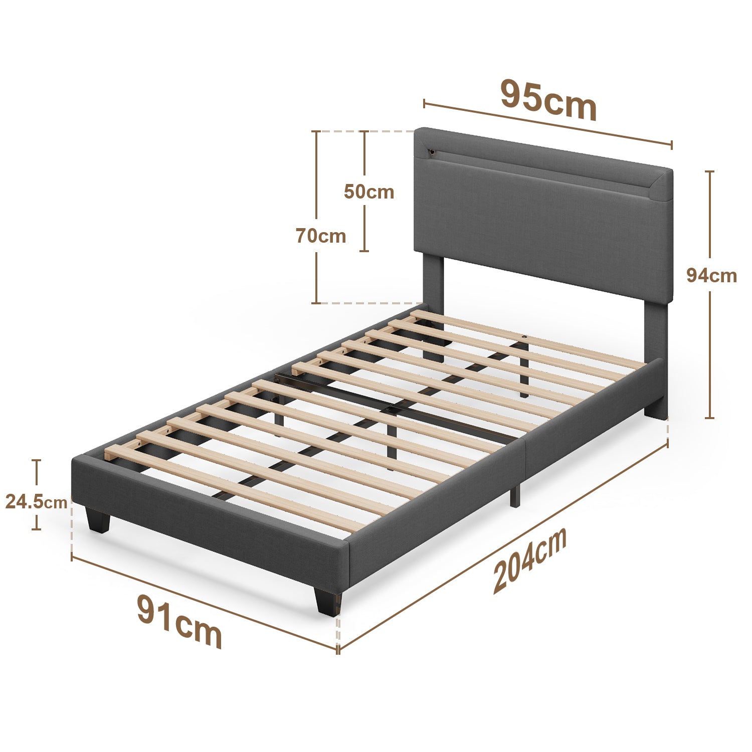Bealife BF27 Gepolstertes Einzelbett 90x200 cm, Metallbettgestell mit LED-Beleuchtung am Kopfteil