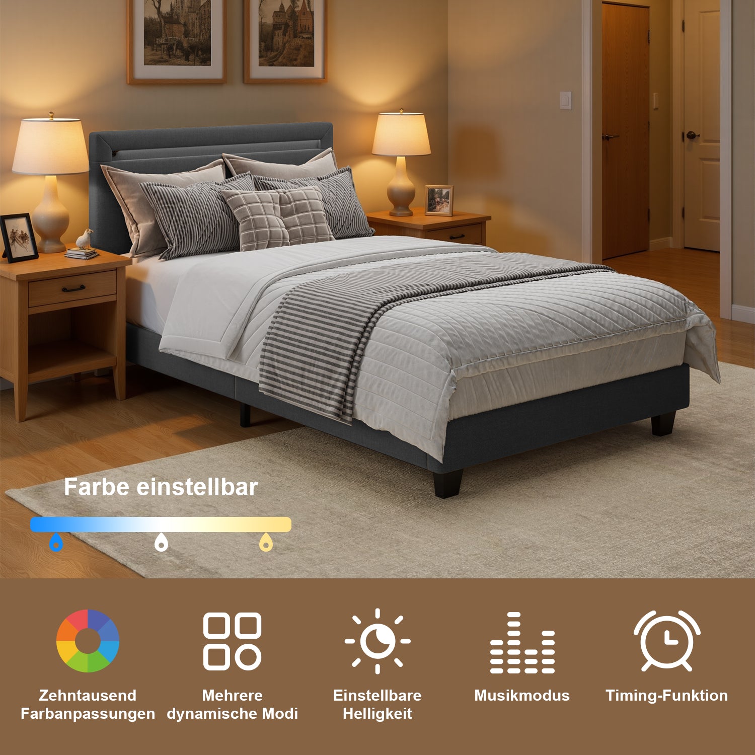 Bealife BF27 Gepolstertes Einzelbett 90x200 cm, Metallbettgestell mit LED-Beleuchtung am Kopfteil