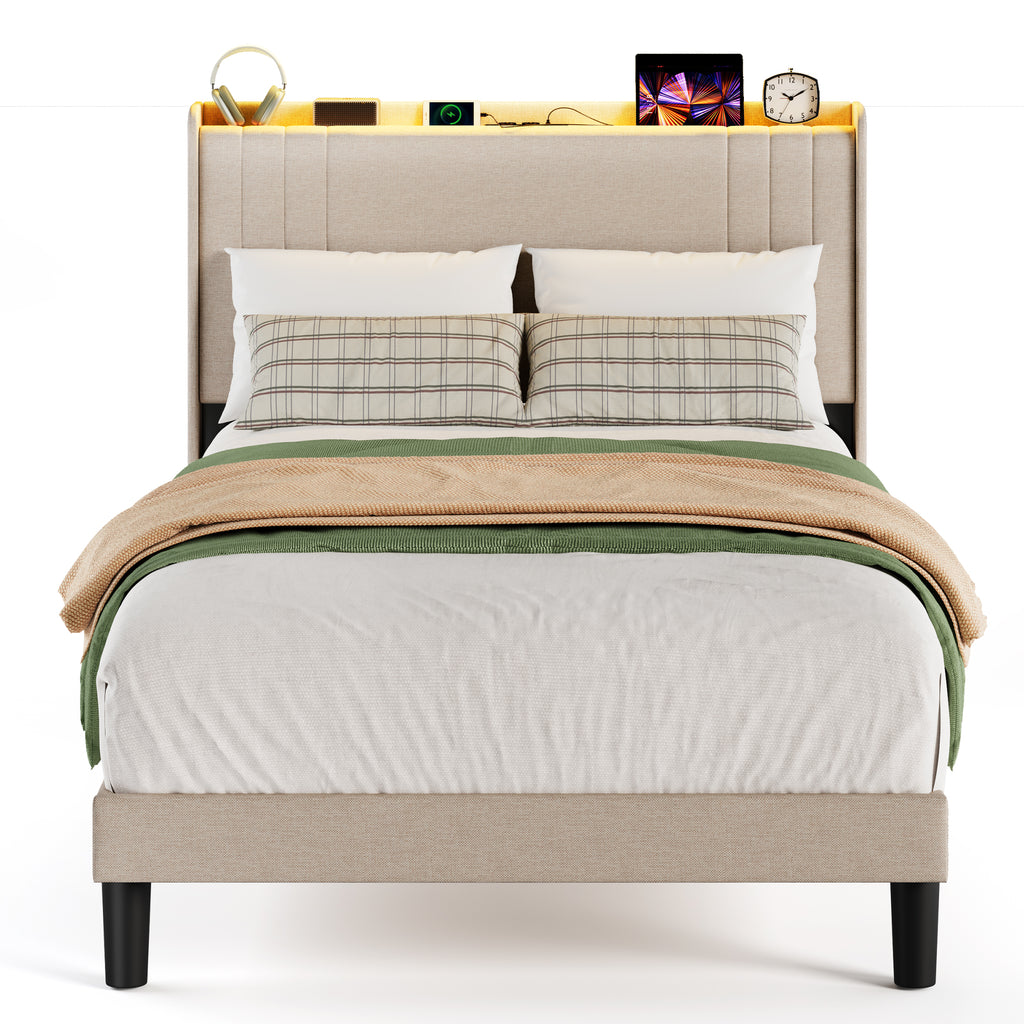 Bealife BF28 Gepolstertes Einzelbett 120x200 cm, Metallbettgestell mit LED-Beleuchtung, Kopfteil-Ablage & integrierter Ladestation