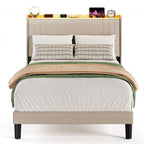 Bealife BF28 Gepolstertes Einzelbett 120x200 cm, Metallbettgestell mit LED-Beleuchtung, Kopfteil-Ablage & integrierter Ladestation