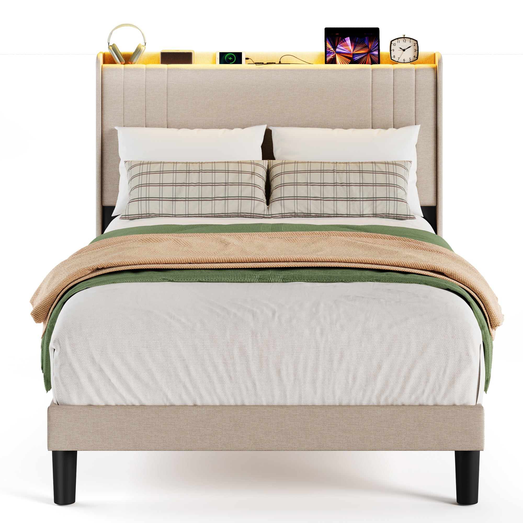 Bealife BF28 Gepolstertes Einzelbett 120x200 cm, Metallbettgestell mit LED-Beleuchtung, Kopfteil-Ablage & integrierter Ladestation